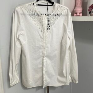 TTahari White Button Down Embroidered Top Size XL